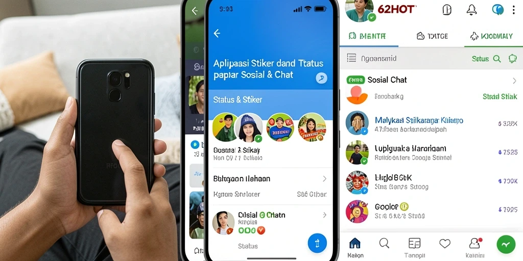 Antarmuka pengguna 62HOT menampilkan pilihan stiker berwarna-warni dan menarik.