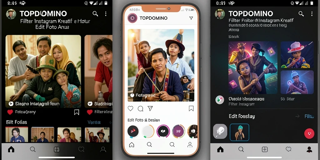 Tampilan antarmuka TOPDOMINO dengan berbagai filter Instagram yang kreatif.