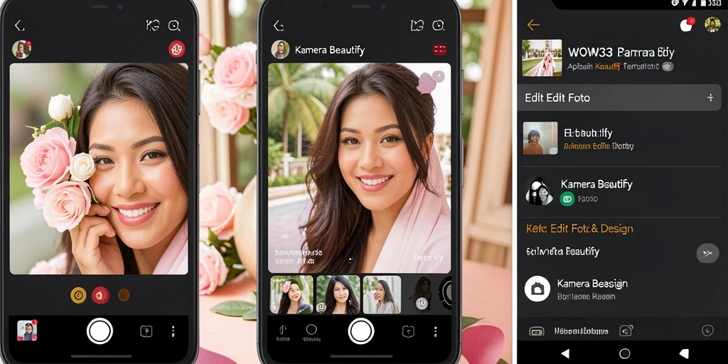 Tangkapan layar antarmuka WOW33 dengan fitur Kamera Beautify yang menarik.